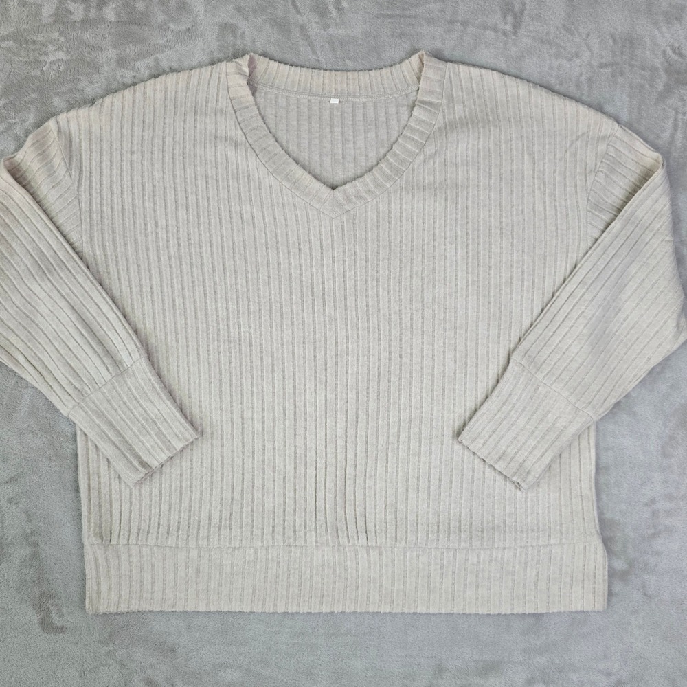Womens Ribbed V Neck Pullover Top Long Sleeve Casual Beige Soft Brushed‎ Fabric